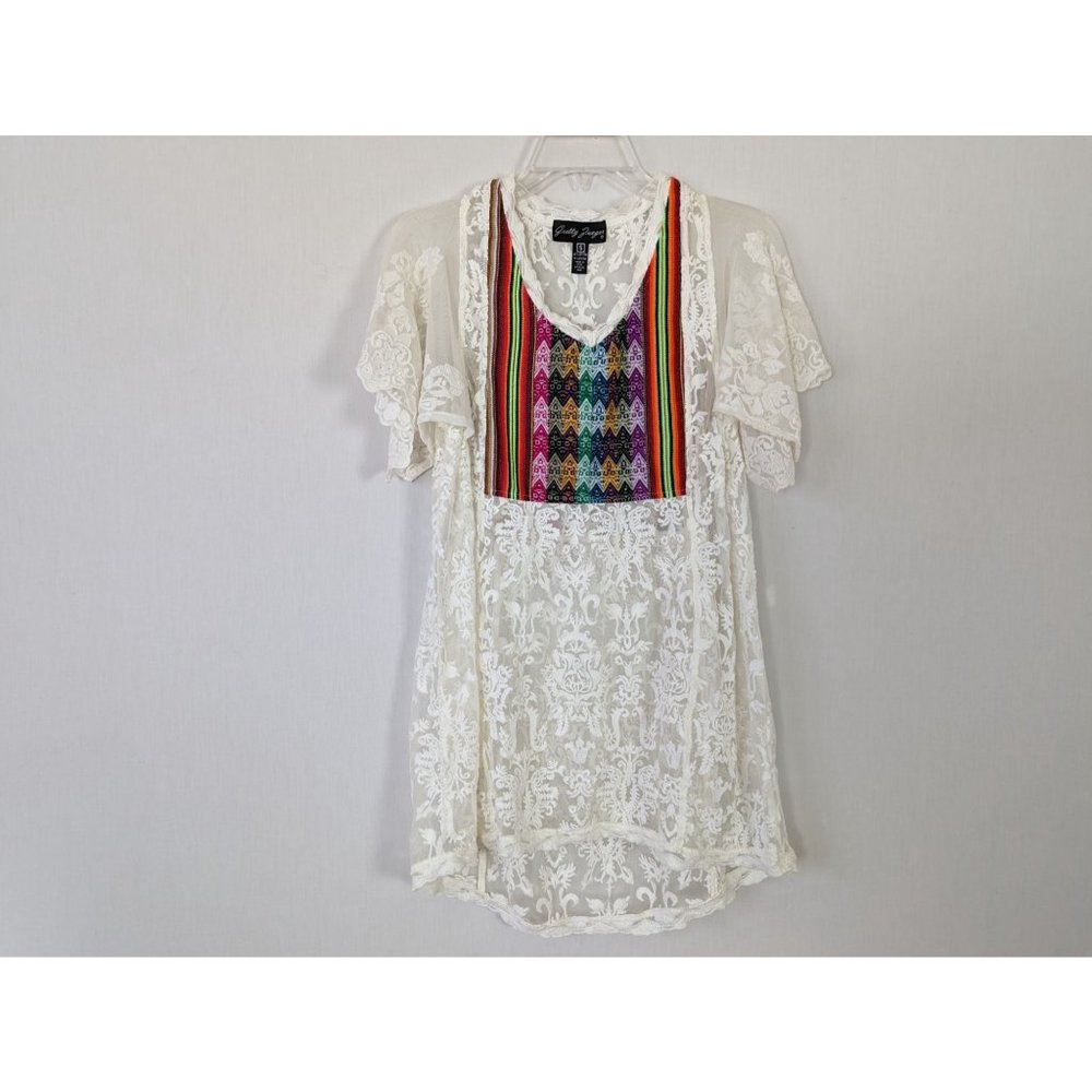 Gretty Zueger Tunic womens Sz S White Bohemian Southwest Lace Sheer colorful